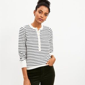 Loft Striped Puff Sleeve Henley Sweater